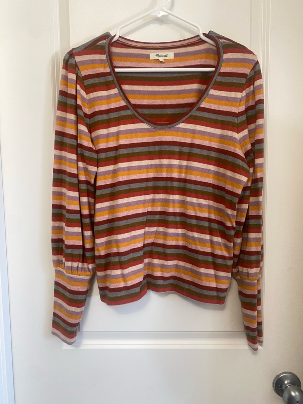 Madewell Scoop Neck Long Sleeve Striped Tee in Pink, Rust, Olive & Mustard